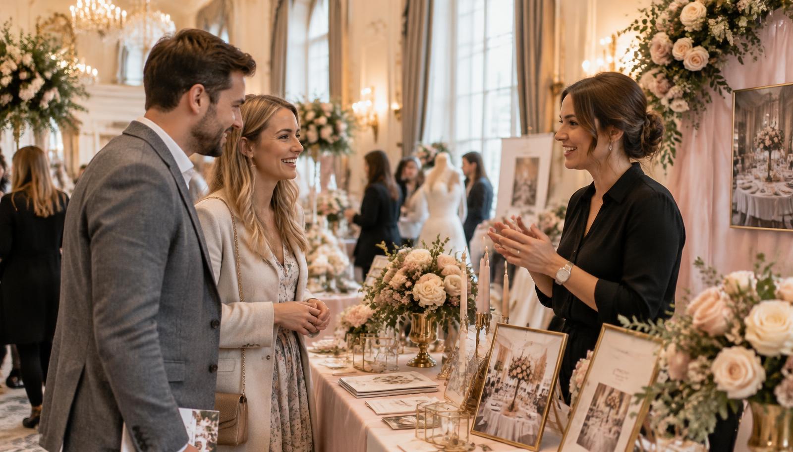 Couple chatting with a wedding supplier at an Elite wedding fair