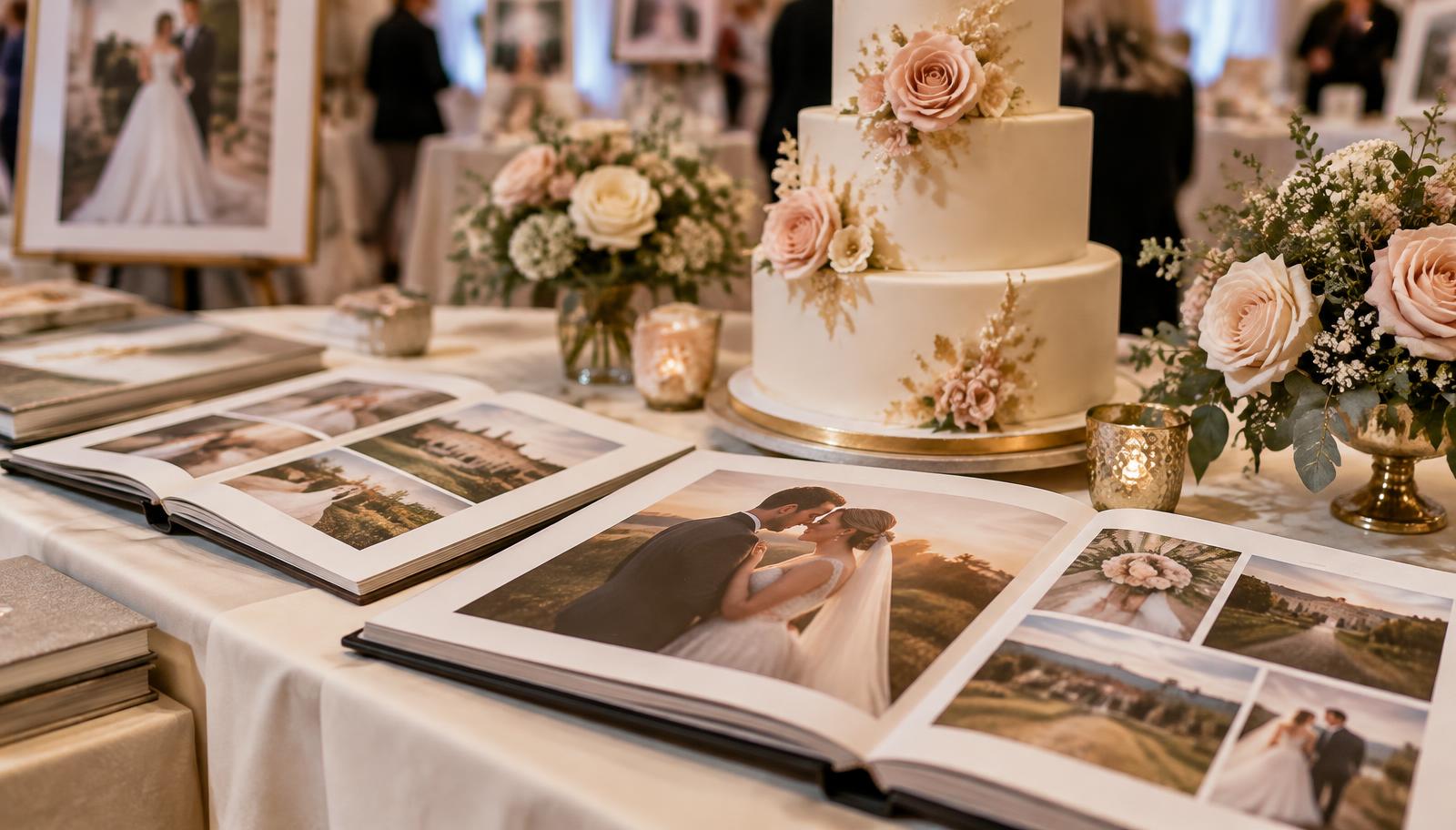 Wedding supplier stand with sample photo albums, a tiered wedding cake and blush pink flowers