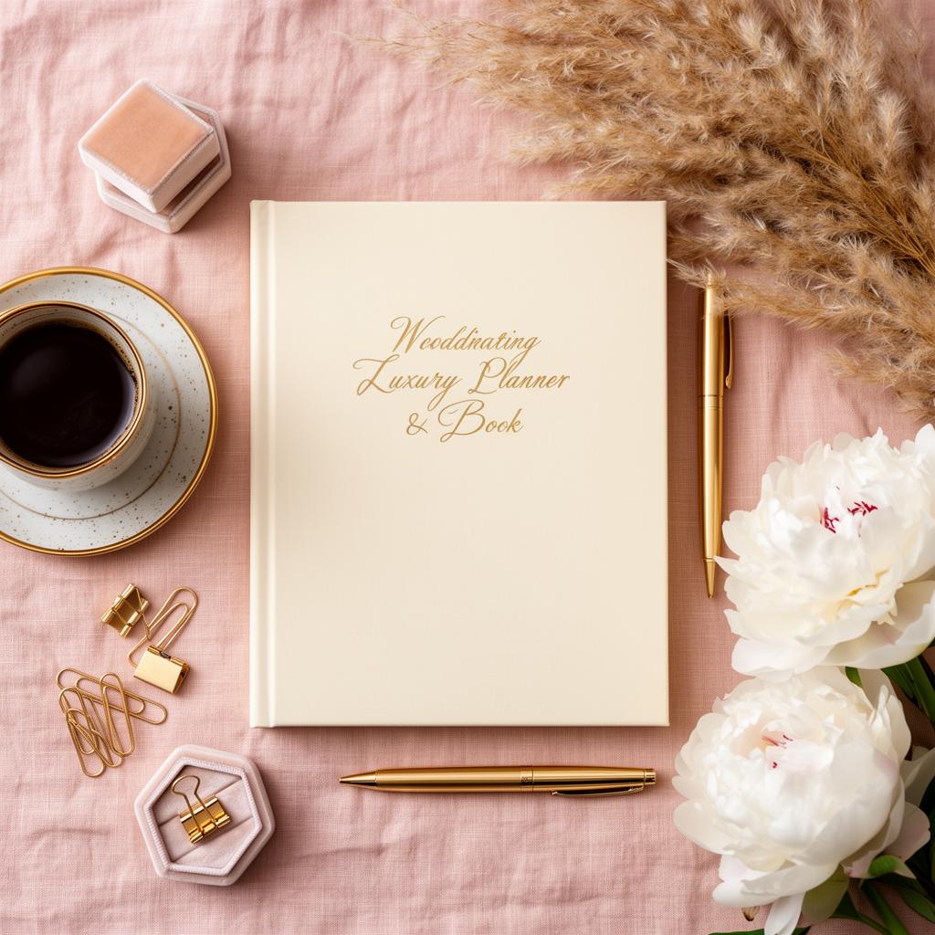 Elite Planner — luxury UK wedding planner book on blush linen with gold accents